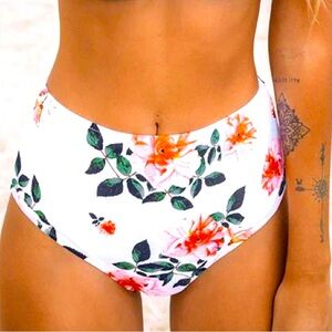 Cupshe Swim High Waisted Bikini Bottoms White Floral Women's Medium NWT